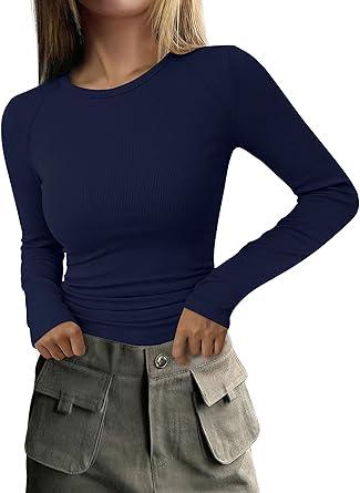 PRETTYGARDEN Long Sleeve Shirts for Women Fall Going Out Tops Casual Ribbed Knit Slim Fitted Basic Tees Y2K Spring Clothes (Navy Blue,Medium)