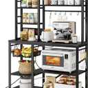 Baker Rack with Power Outlet - Microwave Stand with Storage, Large Coffee Bar Station with 14 Hooks, Metal Kitchen Shelf Rack for Spices, Pots (Rustic Black)