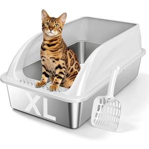 XL Open Top Stainless Steel Litter Box with High Sides,Light Gray
Extra Large Metal Cat Litter Pan , XL Litter Box, Non-Stick Easy Clean Anti-Leak Kitty Litter Pan, Odor Control, Open Top