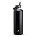 POWCAN 32oz Stainless Steel Slim Water Bottle: Sweatproof, Flex Cap, Lightweight, Standard Mouth, Top Handle, Vacuum Insulated Flask with straw for Office, Home, Commute, Workouts (Midnight Black)