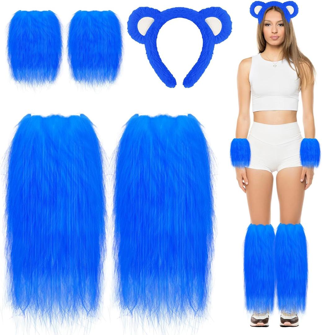 Halloween Bear Costume Bear Headbands Feather Boas Faux Fur Leg Warmers Skirts Tail Tutu Skirt Animal Cosplay Outfit (3, Blue Style 3)