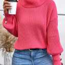 Libsorge Womens Oversized Turtleneck Sweaters Spring 2026 Lightweight Thin Ribbed Knit Button Cropped Pullover Top (Pink, L)