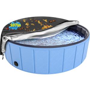 Extra Large Foldable Dog Pool Cover, Hyperzoo 107 Inch Waterproof Round Pet Pool Cover with Drawstring to Keep Leaves Out, Tear-Resistant Collapsible Dog Swimming Pool & Kiddie Pool Cover for Outdoor
