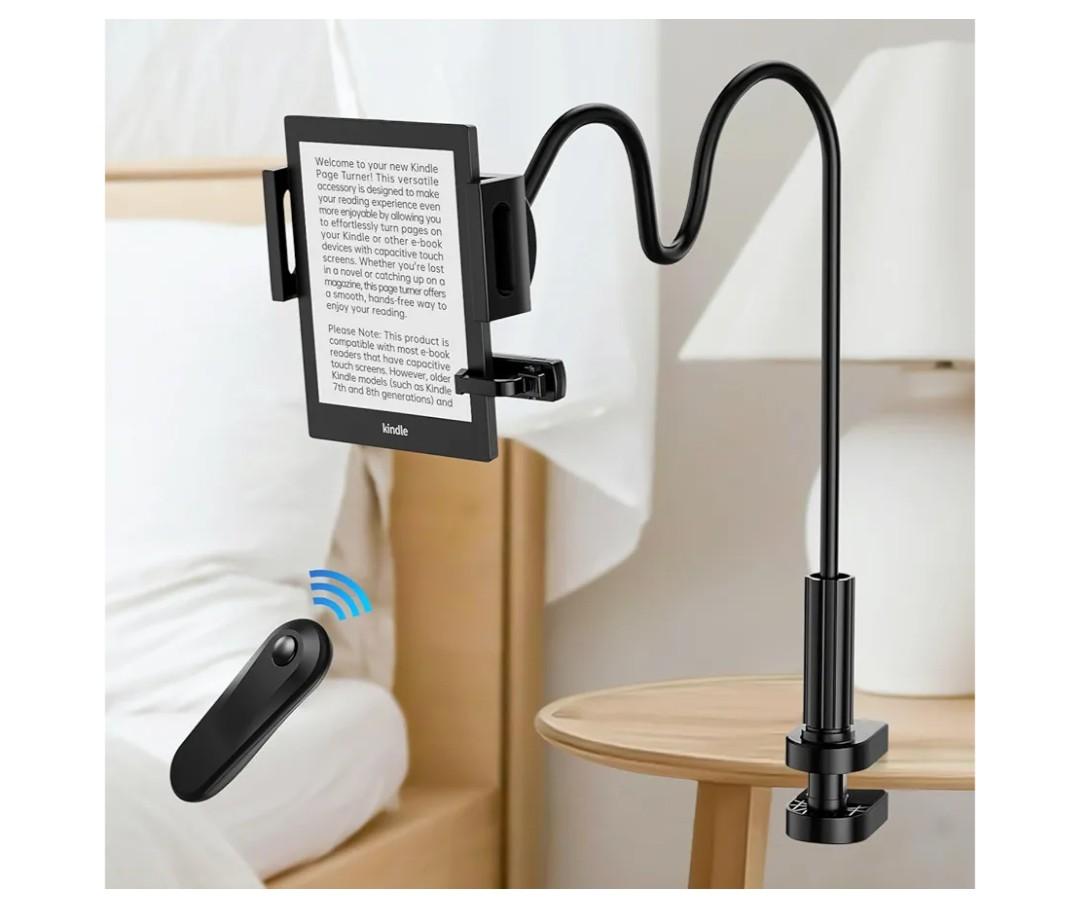 Kindle Holder with Remote Page Turner, Kindle Stand for Bed Reading, No Text Blocked 6mm Clip, No Margin Adjustments, Whisper-Quiet Page Turns, Fits 4.7-10" Devices (Paperwhite/Oasis, iPad/iPhone)