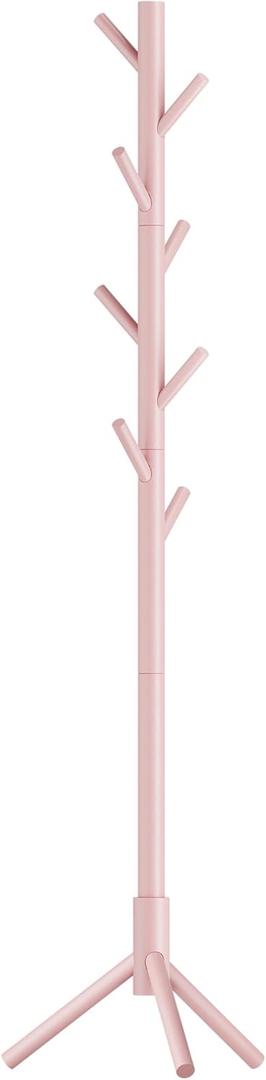VASAGLE Solid Wood Coat Rack, Free Standing Tree-Shaped Coat Rack with 8 Hooks, 3 Height Options, for Clothes, Hats, Bags, Living Room, Bedroom, Home Office, Jelly Pink URCR004R01