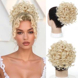 Matriarchs Messy Bun Hair Piece Elastic Drawstring Loose Wave Large Curly Bun Short Synthetic Ponytail Extension Drawstring Ponytail for Women Bun Hair Extension for Women Daily Use -Blonde