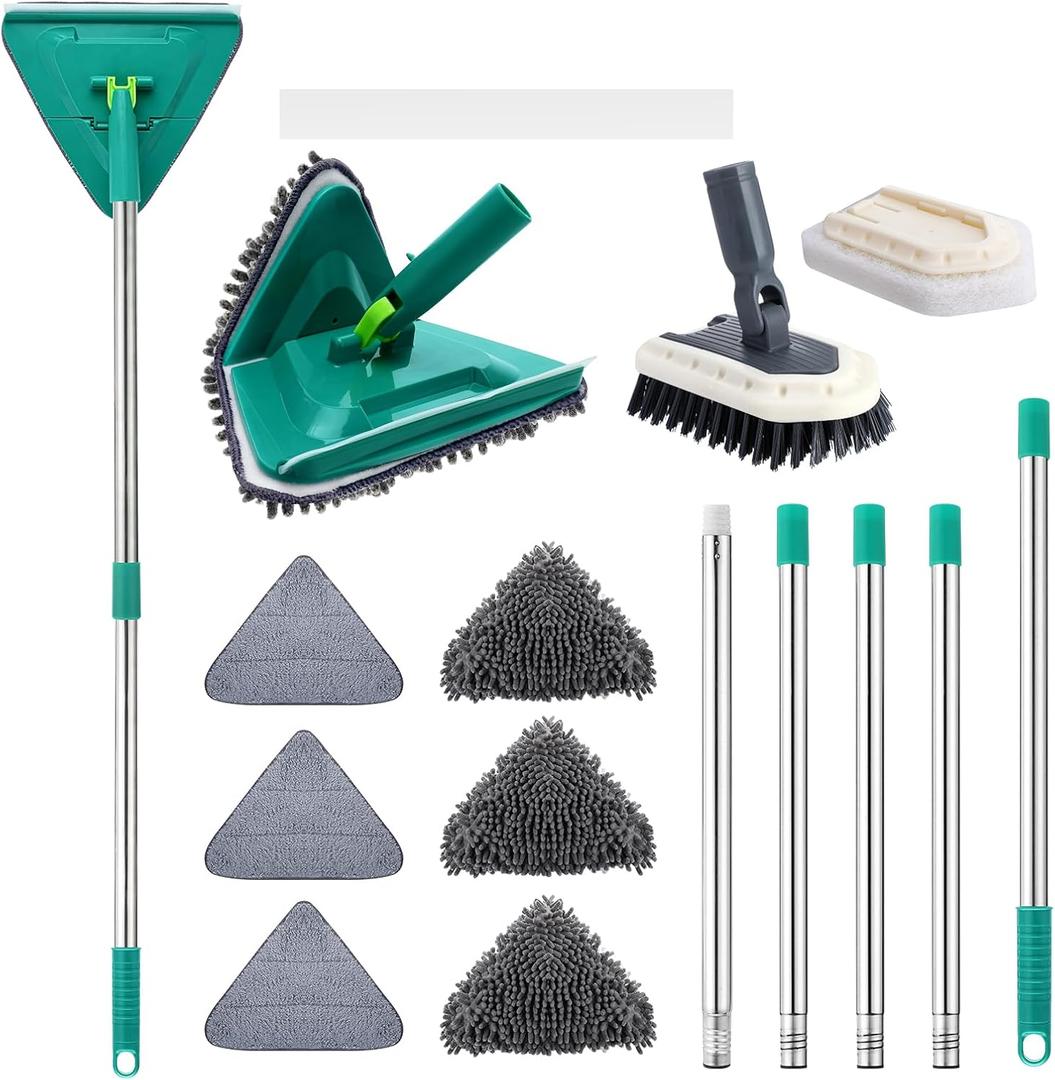 Wall Cleaner Mop with Long Handle 85 Inches Baseboard Cleaner Tool Duster with 6 Replacement Pad and 2 Tile Tub Brush, Wall Mop for Cleaning Ceiling Window Tile Tub, Green