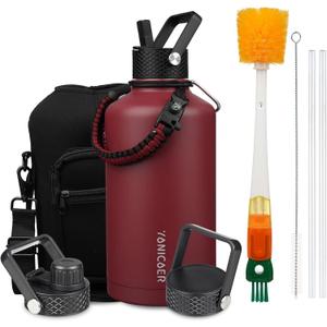Insulated Water Bottle 87oz,Triple Wall Vacuum Stainless Steel(Dishwasher Safe),Leak Proof & Non-BPA,Flask Jug with Paracord Handle & Straw Spout Lids Sports Red