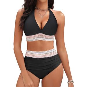Women Tummy Control Two Piece Swimsuit - High Waisted Bathing Suit Halter Bikini Set Push Up Swimwear 2025 (Medium, Black)