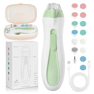 Baby Nail Trimmer Electric, 15 in 1 Baby Nail Clippers for Gentle Nail Care, Rechargeable Baby Nail File Electric with Light &15 Grinding Pads for Infant Toddler, Green