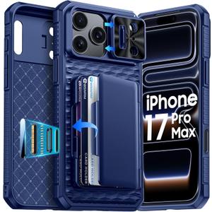 for iPhone 17 Pro Max Case Wallet, Built-in RFID Blocking Card Holder (4-5 Cards), Camera Control Button, Slide Camera Cover, Shockproof Rugged Silicone Phone Case for iPhone 17 Pro Max, Blue
