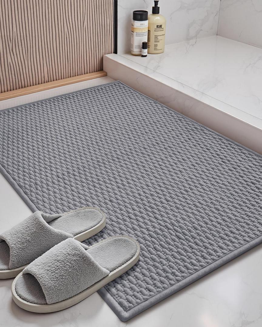 Color&Geometry Woven Chenille Bathroom Rugs Absorbent Non Slip, 17"x29" Light Grey Bath Mat Washable, Bathroom Mat Quick Dry, Thin Bath Rugs Fit Under Door