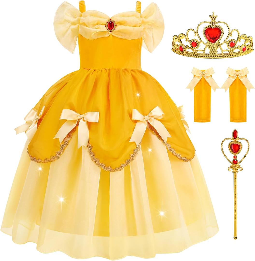 Aolliya Princess Dress for Girls Yellow Off Shoulder Princess Princess Dress Up for Halloween Carnival Cosplay Party (6-7/130)