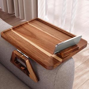 Acacia Wood Couch Arm Tray with 360Phone Holder,Folding Sofa Armrest Tray,Couch Arm Table Clip-On Couch Desk for Drinks,Snacks,Phone,Remote Control