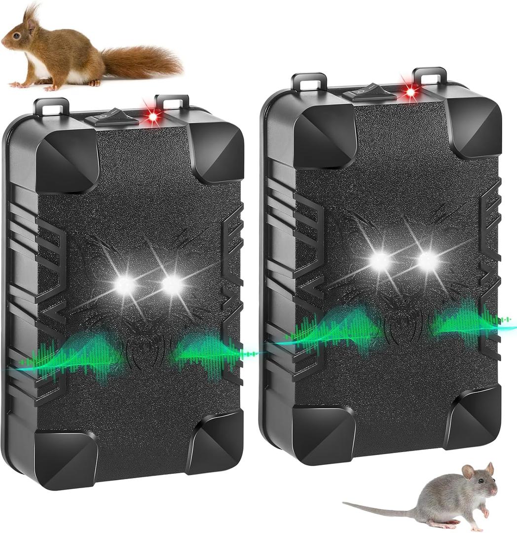 2 Pcs Under Hood Rodent Repeller with Strobe Light & 3 Power Supply Methods, Professional Ultrasonic Mouse Repellent Rat Squirrel Deterrent for 12V Cars Trucks RV Engine Bay Warehouse Attic