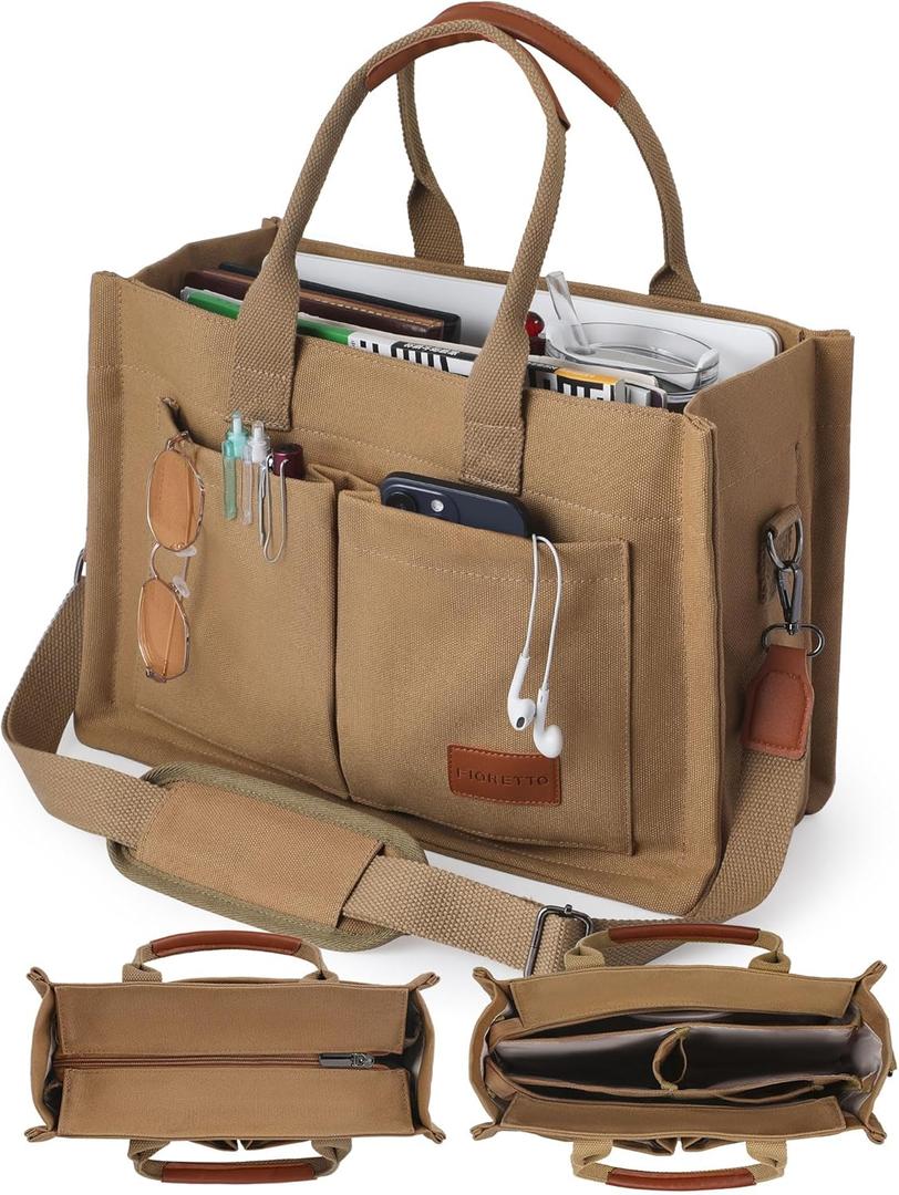 FIORETTO Canvas Tote Bag for Women with Zipper Closure & Individual Compartments for Work College for Teacher & Nurse (Medium, Brown)