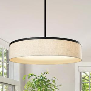 LamQee 20" Drum Chandelier Light Fixture with Integrated LED, Large Fabric Pendant Light in Black Metal + White Linen Shade, Modern Farmhouse Lighting Ceiling Hanging for Dining Room Kitchen Bedroom
