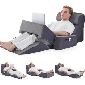 9PCS Wedge Pillow Set for After Surgery Recovery, Adjustable Memory Foam Neck Pillow,Foam Leg Pillow,Relieves Neck,Leg Pain,Sleep Apnea,Reading Pillow with Breathable Seersucker,Dark Grey