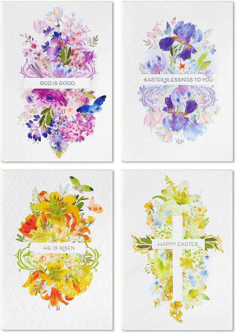 Hallmark Religious Easter Cards Assortment, Painted Flowers (16 Vintage Easter Cards with Envelopes)