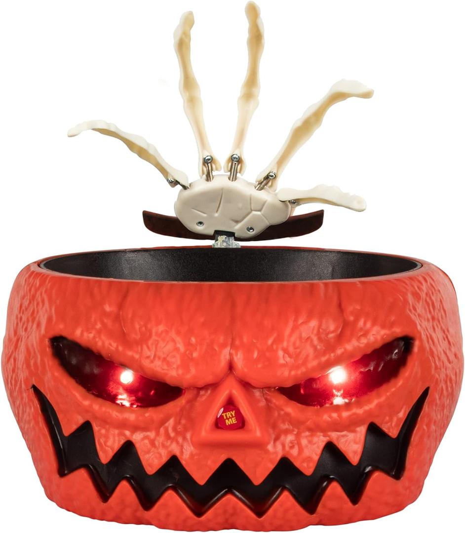ITART Halloween Candy Bowl Dish with Hand Spooky Animated Pumpkin Decoration Props LED Eyes & Sound for Treat or Trick Haunted House Office Party Bar Table Decor