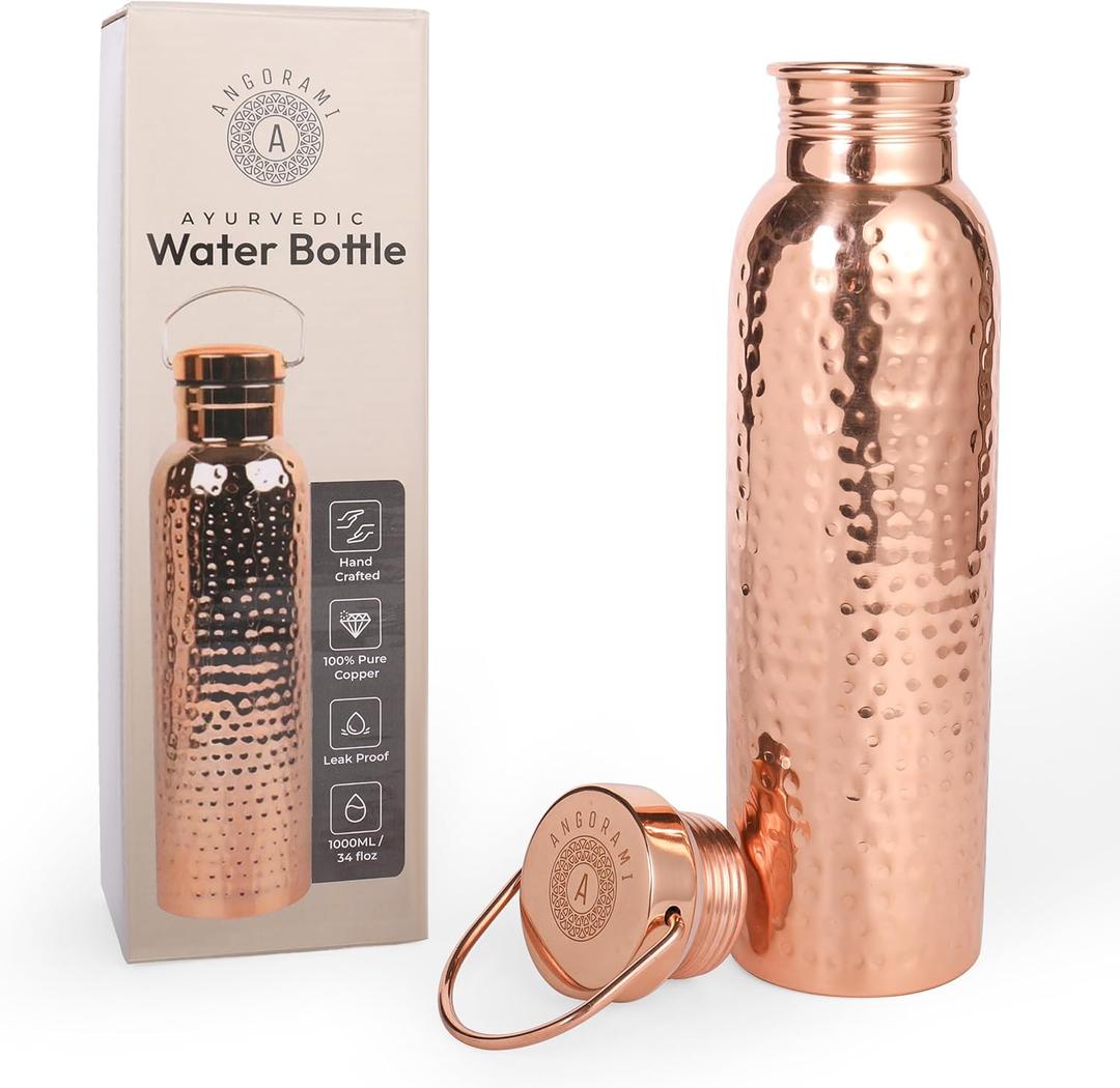 Handcrafted 100% Ayurvedic Pure Copper Water Bottle with Lid for Drinking 34oz Durable Leakproof, BPA-Free Copper Water Flask with Hammered Finish & Travel Friendly Design for Gym Office Home Travel
