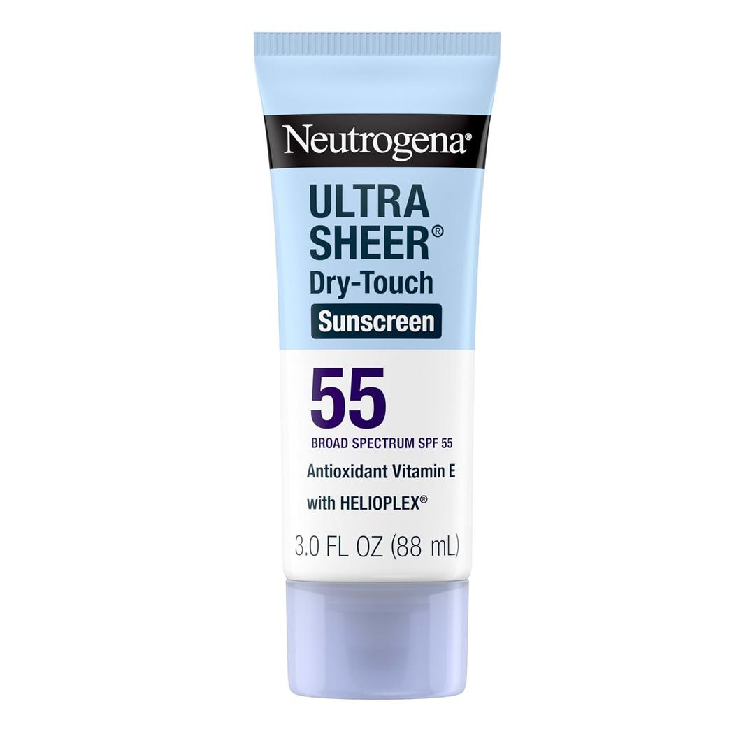 Neutrogena Ultra Sheer Dry-Touch Sunscreen SPF 55 for Face & Body, Lightweight Non Greasy Broad Spectrum UVA/UVB Protection, No White Cast, Water Resistant (80 Min) Travel Sunscreen Lotion, 3 fl oz