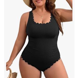 Charmo Plus Size Swimsuit for Women 2025 Tummy Control Scalloped Ribbed One Piece Swimsuits Ruched Modest Bathing Suit Size L