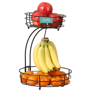 Two-Tier Fruit Basket with Banana Hanger – Black Metal Countertop Produce Stand – Kitchen Storage Organizer for Apples, Oranges, Bananas – Durable Iron Wire Frame