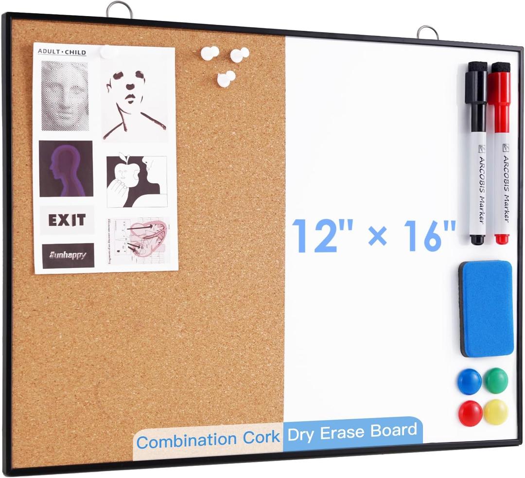 ARCOBIS Cork Board White Board Combo, 12"X16" Small Bulletin Board for Wall, Double-Sided Magnetic Dry Erase Corkboard, Vision Whiteboard for Office,Home,School, Black