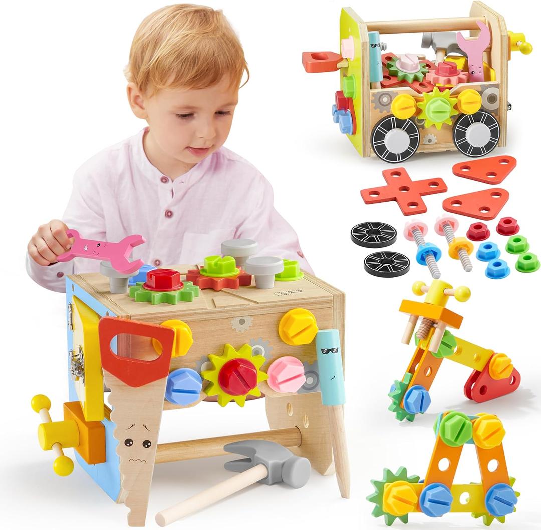 SYNCFUN Kids Tool Set, 51 PCS Wooden STEM Educational Tools for Boys and Girls, Montessori Toys for 3 4 5 6 Year Old, Learning and Construction Toys for Toddlers, Birthday Gift