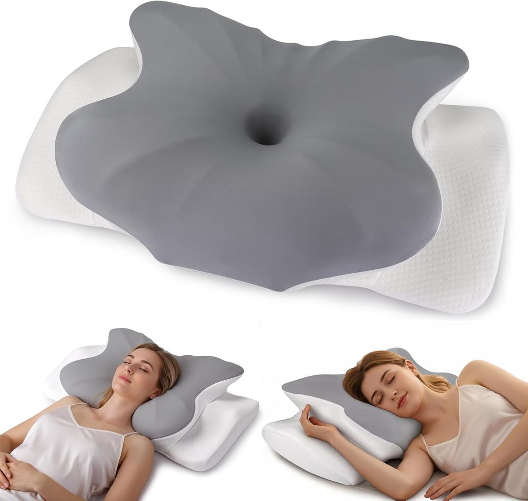 Cervical Neck Pillow, Ergonomic Side Sleeper Pillow for Pain Relief, Cooling Pillow for Sleeping, Neck and Shoulder, Contour Orthopedic Memory Foam Pillows for Back Stomach Sleepers Grey White