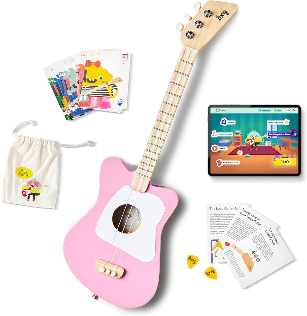 Loog Mini Acoustic kids Guitar for Beginners 3-strings Ages 3+ Learning app and lessons included (Pink)