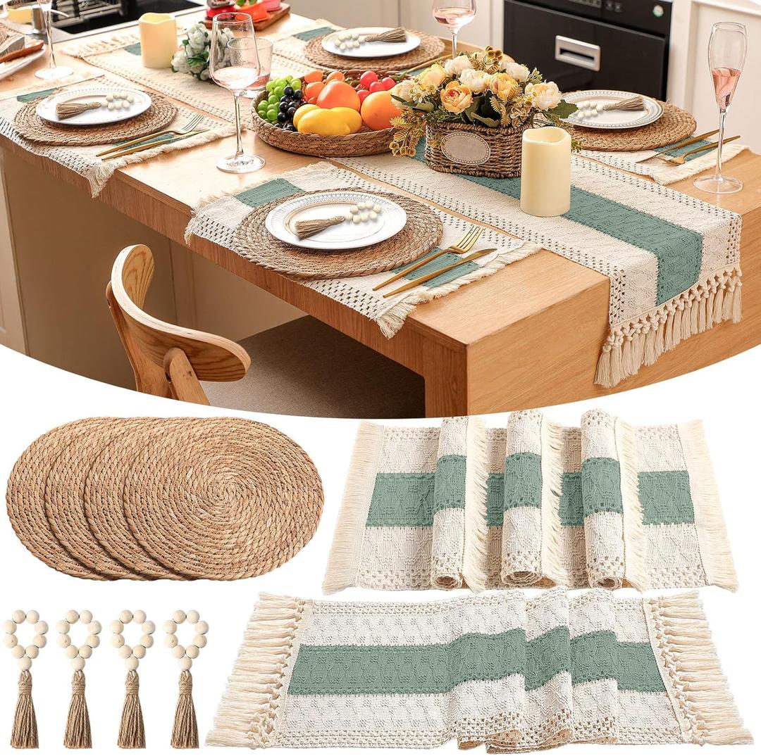 Set of 4 Boho Round Woven Placemats, Wood Bead Napkin Rings, Long Table Runner Macrame Style Bicolor Stitching, Farmhouse Rustic Placemats Natural Burlap Cotton for Dining Wedding Party Decor (Green)
