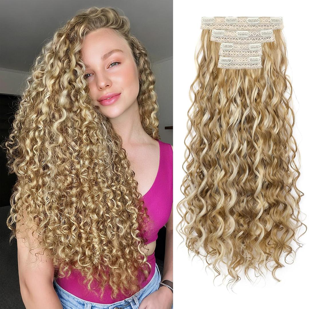 REECHO Curly Clip in Hair Extensions, 4PCS 24 inch Long Hair Extensions Clip ins Lace Weft Natural Hairpieces for Women Daily, Medium Blonde with Highlights