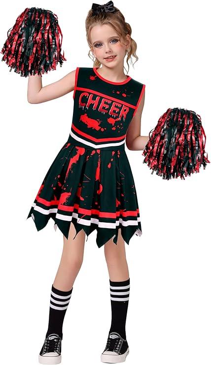 Zombie Cheerleader Costume for Girls Cheer Costumes Kids Halloween Scary Bloody Dress Accessories Set (Black, Large(9-10 Years))