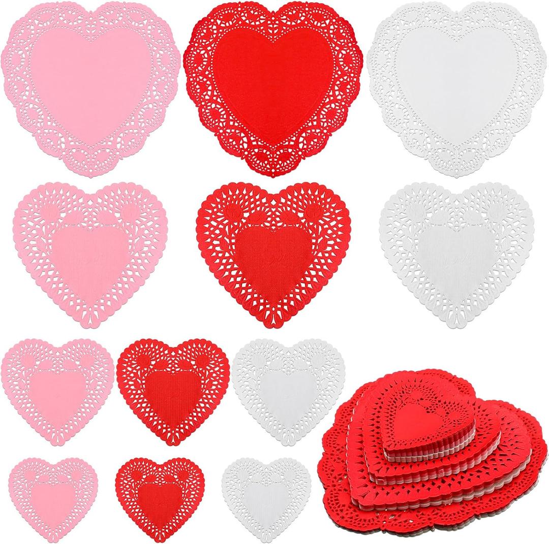 300 Pieces Valentine Heart Doilies Heart Shaped Paper Doilies Crafts Red Pink White Lace Cutouts Paper for Valentine's Day Wedding Party Decoration