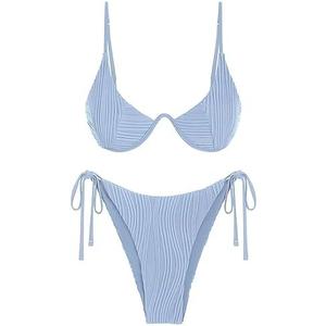 ZAFUL Women's Bikini Sets Ribbed Two Piece Swimsuits Underwire Adjustable Back Clasp Bathing Suit Side Tie Thong Swimwear L