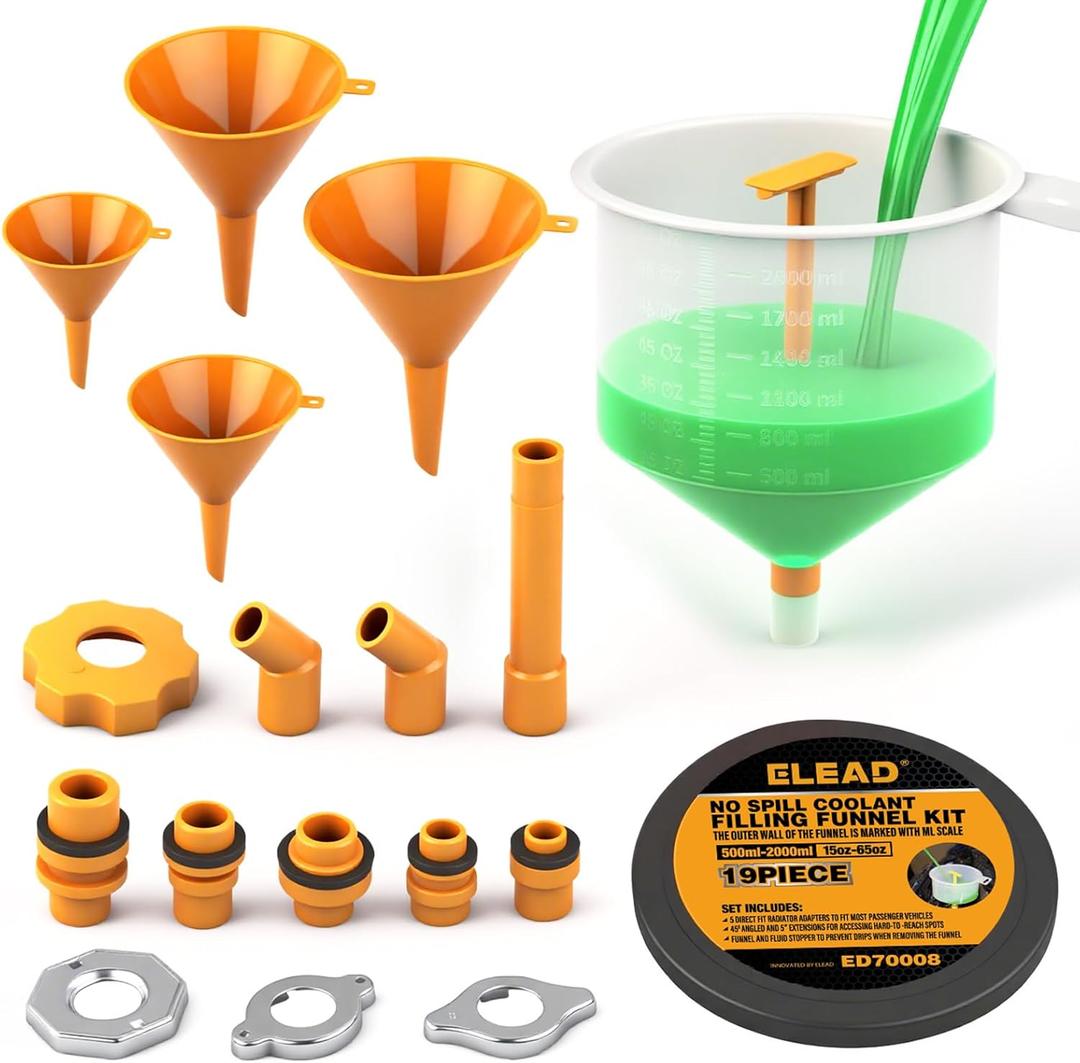ELEAD No-Spill Coolant Funnel Kit - 19-Piece Radiator Funnel burping kit, coolant Bleeder kit, Extra Funnels and Adapters for Universal Vehicle (Multi-use Version Yellow)