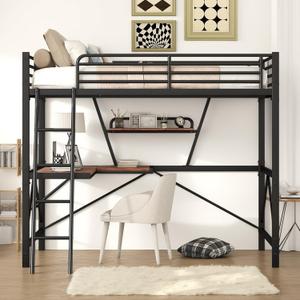 Full Size Loft Bed with L-Shaped Desk & Storage Shelves, Heavy Duty Metal Bedframe w/Guardrails and Ladder, Space Saving loftBed for Kids Teens Adults, No Box Spring Needed, Black