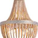 6-Lights Farmhouse Boho Wood Bead Chandelier,Modern Natural Wooden Beaded Pendant Light Fixture,E12 Adjustable Pendant Lighting for Dining Room Living Room Bedroom, Large