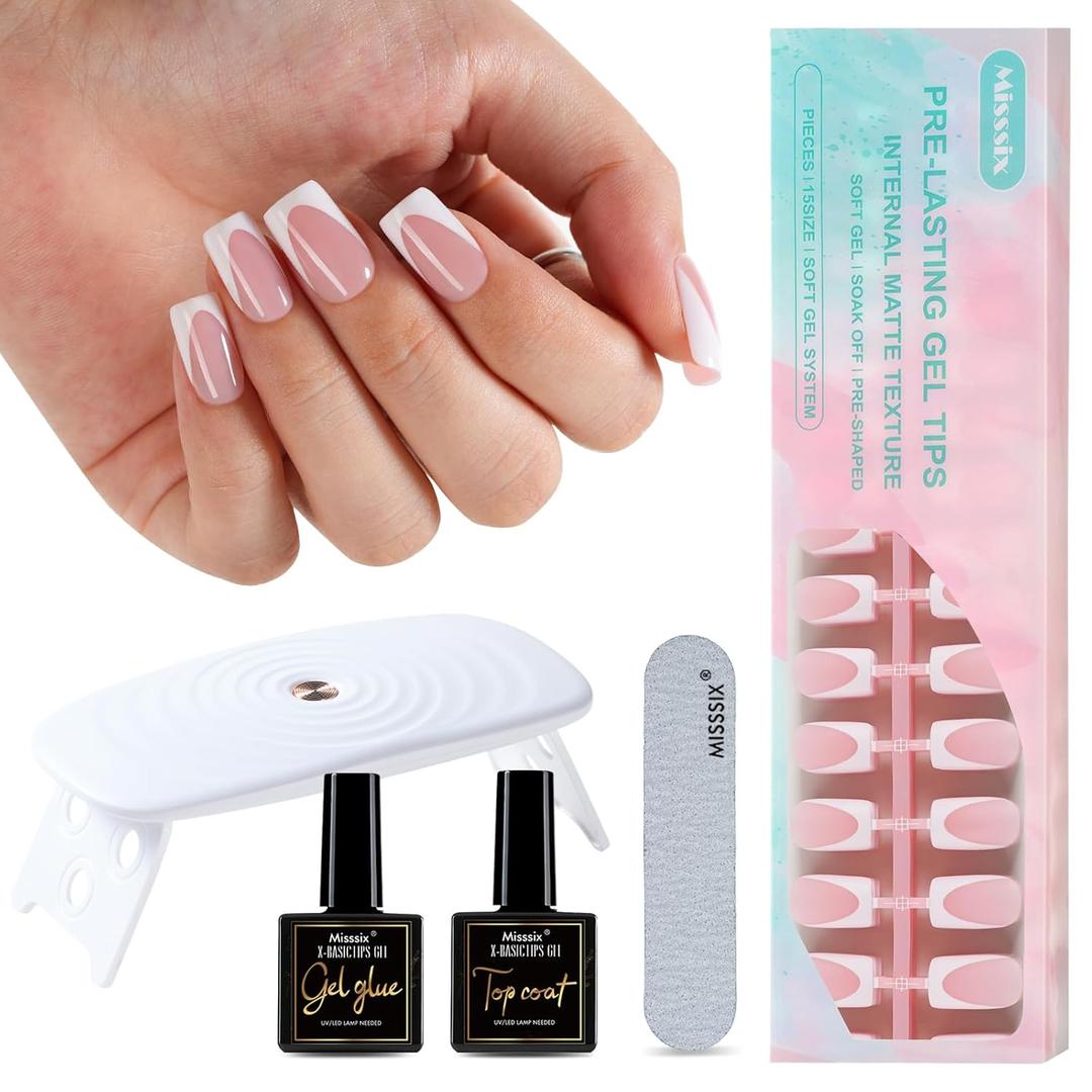 Misssix Deep French Tip Press On Nails, 160Pcs French Gel Nail Tips, Short Square Soft Gel Fake Nails, X-BASIC Tips Starter Kit for Nail Art DIY 16 Sizes