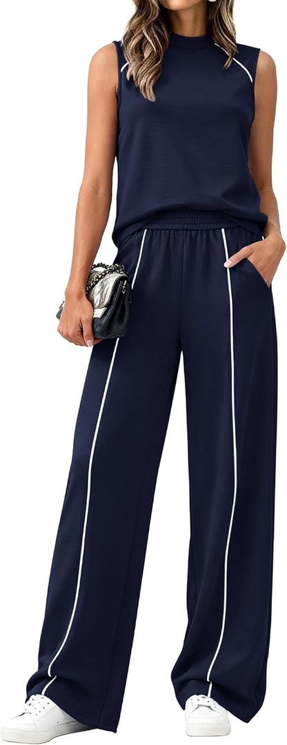 BTFBM Two Piece Sets for Women Summer Outfits 2026 Lounge Sets Mock Neck Tops Wide Leg Pants Travel Fashion Clothing (M)
