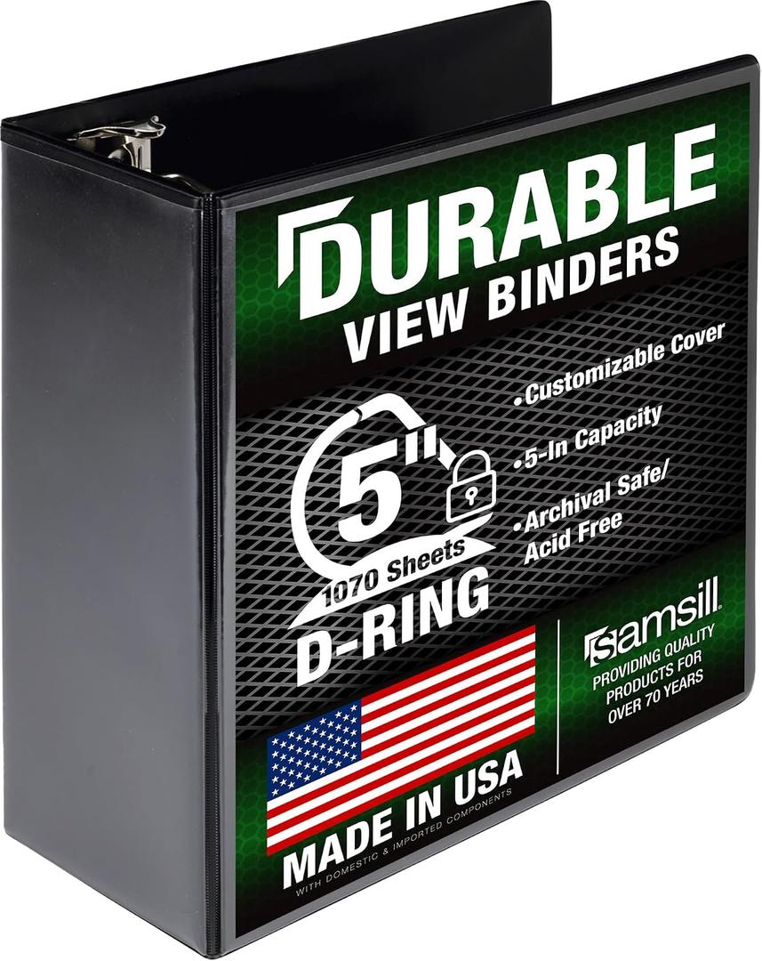Samsill Durable 5 Inch 3 Ring Binder, D Ring Binder, Customizable Clear View, Black, Holds 1070 Pages