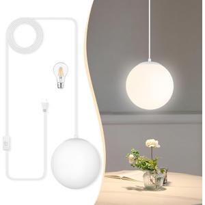 KoKo&Yukina 8" Globe Pendant Light White Plug in Pendant Light Adjustable Hanging Lights with Plug in Cord Matte White Finished with Milk Glass Lampshade for Bedroom Kitchen Island (Bulb Included), 1-Light , Plug in, 1PK