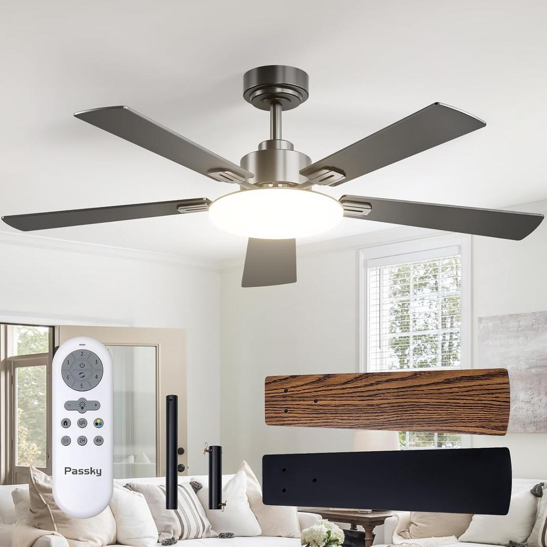 Passky Ceiling Fans with Lights, 52 inch Sleek Ceiling Fan with Light and Remote Control, 3CCT, Dimmable, Reversible, Noiseless, Black Ceiling Fan for Bedroom, Living Room