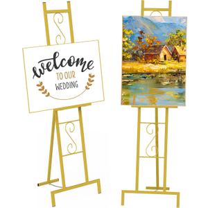 58''H Gold Easel Stand for Sign, Adjustable Welcome Wedding Sign Stand for Display with Chain Support, Heavy Duty Metal Poster Easel Holder for Party Painting, 17'' x 17'' x 58''H1 Pack
