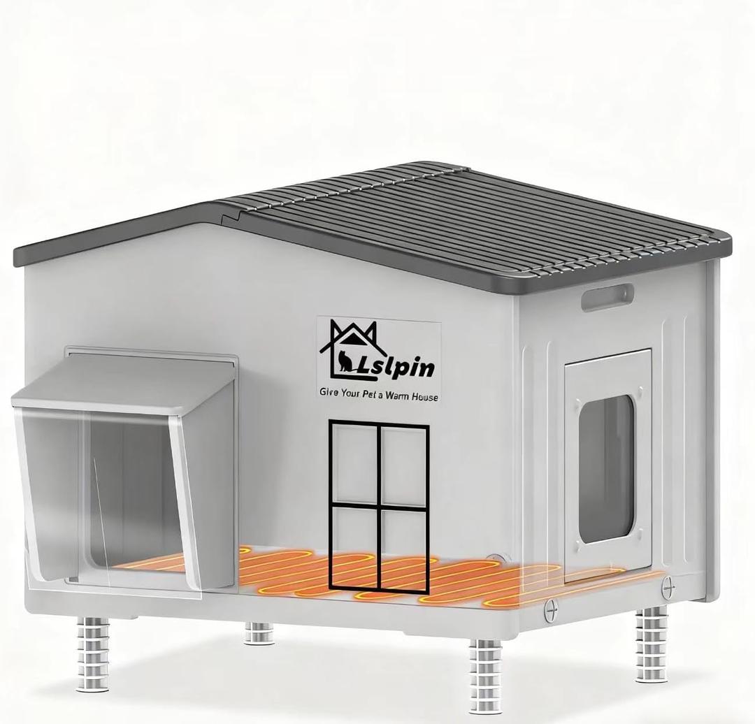 Large Indestructible Heated Cat House for Outside Winter, Weatherproof & Elevated, Escape Door, Insulated Cat House, Outdoor Feral Cats Shelter with Heater for Stray Cats Kitty 21.6×16.9×17.5