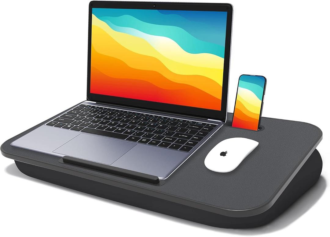 Lap Desk with Cushion, Fits up to 17 inch Laptop, Pillow Designed, Portable Laptop Stand with Tray, Pad & Phone Holder, Home Office for Bed/Couch/Car/Reading/Writing,MillHome (Black)