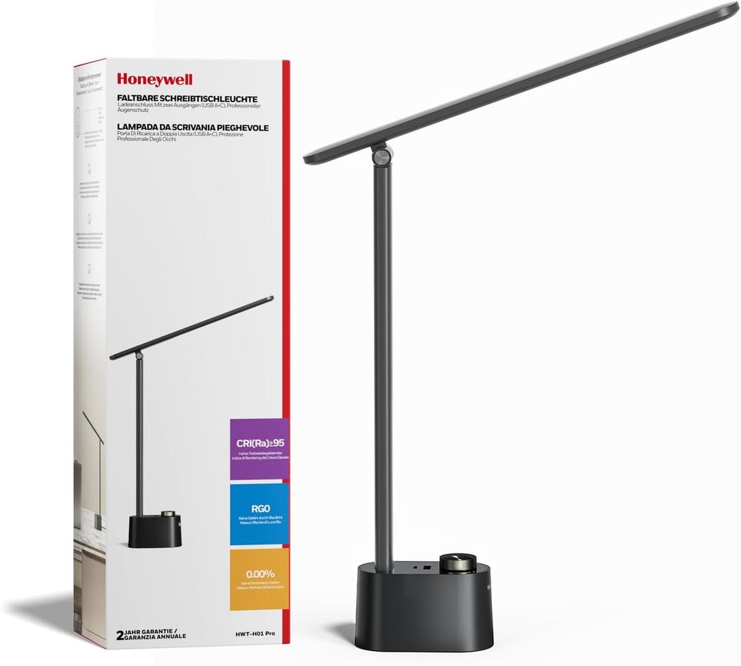 HONEYWELL Upgraded LED Desk Lamp - H01 Pro Sunturalux Foldable Desk Light with USB A+C Charging Ports, 3 Color Modes Dimmable Table Lamp for Home Office Reading(Black)