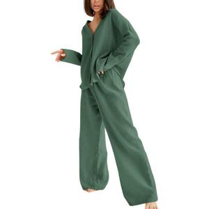 codcm Womens Cotton Gauze Loungewear Sets Casual 2 Piece Sleepwear Button Down Shirt and Wide Leg Pants Outfits (Medium, Green)